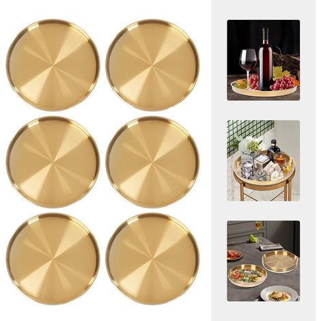 6 plateaux de service ronds dorés, plateau de table rond en acier inoxydable, plateau de rangement cosmétique bijoux en Plaque décorative dorée, diamètre 30cm (1/5)