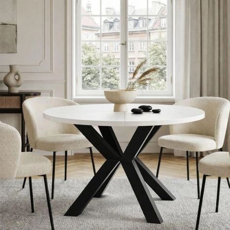Table de salle à manger ronde extensible RAL avec pieds en bois, style loft, industriel, diamètre : 90 / 140 cm, couleur : blanc / noir (1/5)