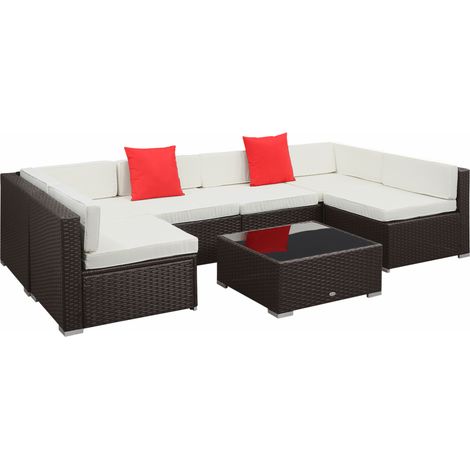 Salon de jardin modulable 7 pièces brun foncé en résine tressée, avec coussins déhoussables et table basse à plateau en verre trempé (1/5)