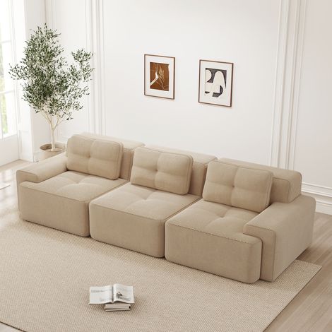 Canapé modulable Cloud sans cadre, angle convertible surdimensionné, velours côtelé beige, 3 places bas pour salon, confortable, sans assemblage, design moelleux. (1/5)