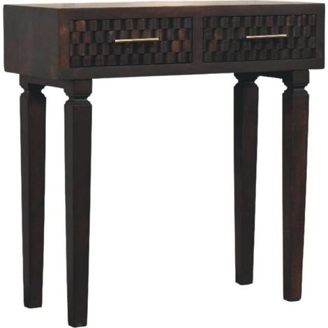 Table console Arno en bois massif, 2 tiroirs, Brun noir