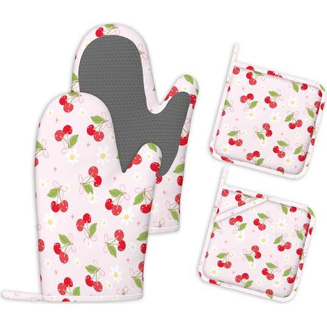 Ensembles de 4 Gants de Cuisine et Maniques Fleurs de Cerisier Gants de Cuisine en Silicone Résistants à la Chaleur Maniques pour la Cuisine au Barbecue et la Pâtisserie Décoration de Cuisine (1/5)