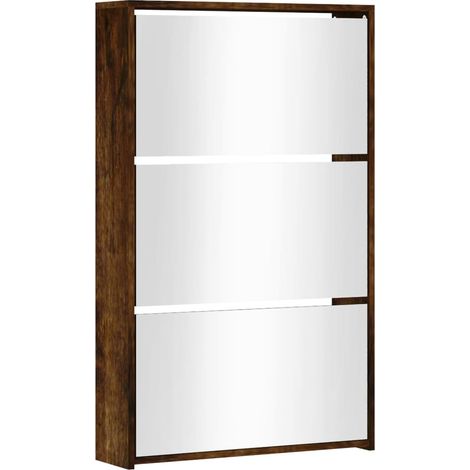 Armoire à chaussures range chaussures rangement meuble entrée couloir salon miroir 3 niveau x 63 x 17 x 102,5 cm brun (1/5)