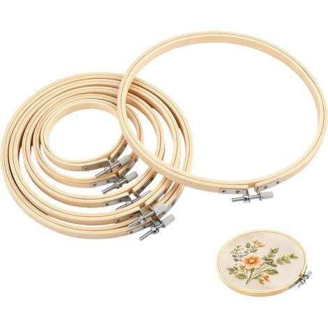 Lot de 6 Cercles à Broder en Bambou Naturel Réglables, Tambours de Broderie en Bois Lisse, 8/10/13/16/18/20 cm (3"/4"/5"/6,3"/7"/8"), Idéal pour DIY, Point de Croix, Couture, Décoration Murale (1/5)