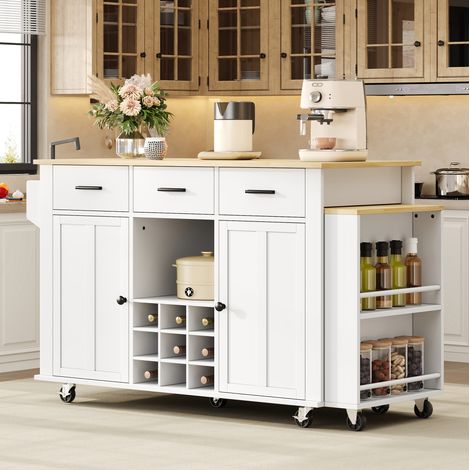 Isla de cocina 136x50x93 cm de MDF blanco con almacenaje para comedor FLORAGRACE (1/5)