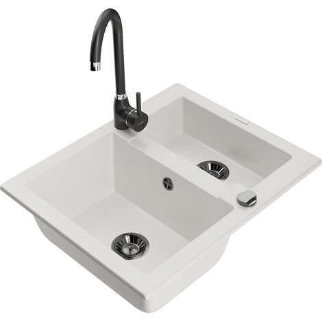 Mexen Carlos fregadero de granito de 1,5 senos con grifo de cocina Telma, blanco - 6518-20-670200-70 (1/5)