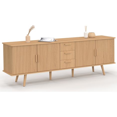 Idmarket – Buffet 180 cm – 4 portes et 3 tiroirs – Structure en panneaux de particules et pieds en bois de pin – Effet lattes bois