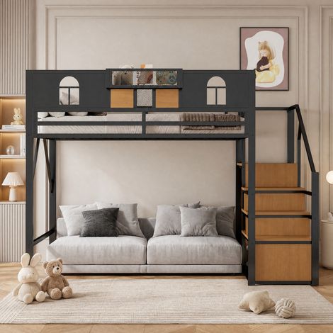 Letto a soppalco MEUBLIV 140x200 cm nero – con scala contenitore, senza materasso (1/5)