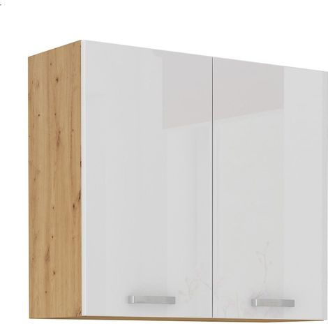 Hängeschrank 80 cm Eiche Artisan + Weiß Hochglanz Küchenzeile Küchenblock Küche (1/4)