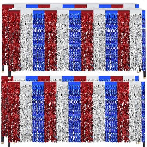 Lot de 4 décorations pour le 4 juillet, jupes de table à franges en feuille métallique, décorations patriotiques rouges, blanches et argentées pour les fêtes. (1/5)