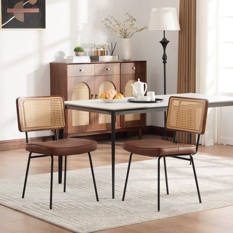 Set di 2 sedie da pranzo moderne, rivestimento in similpelle effetto vintage, senza braccioli, struttura dello schienale in legno massello, effetto rattan, gambe in metallo regolabili - Marrone (1/5)