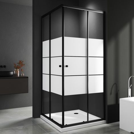 WDWRITTI Schwarzer Duschkabine 100x100 cm Eckeinstieg Schiebetür Duschabtrennung Eckeinstieg mit Doppel Schiebetür, 6mm ESG Glas mit weißen Querstreifen-Dekor, Duschwand Höhe 185cm
