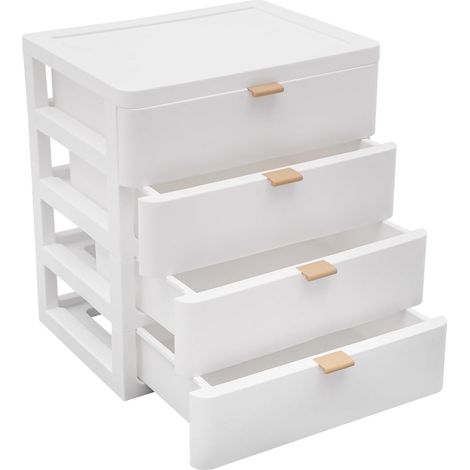 Aufbewahrungsbox mit 4 Fächern und Schubladen – Weiß – Moderner Schreibtisch-Organizer – Geeignet zur Aufbewahrung von Büchern, Schmuck, Kosmetikartikeln, Kleinteilen usw. (4 Fächer)