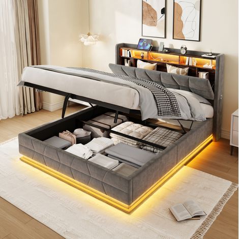Cama moderna de terciopelo gris oscuro 160x200 cm con cabecero almacenaje, LED, USB/Type-C y somier de láminas con pistón (1/5)