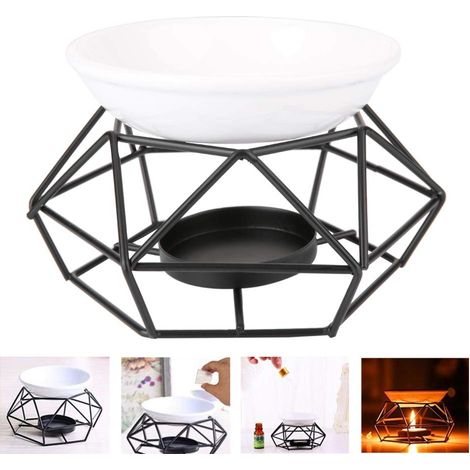 Lampe à parfum, brûleur d'arômes avec structure géométrique en fer et bol en céramique, brûleur d'arômes pour huiles essentielles ou porte-bougie chauffe-plat
