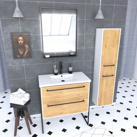 Mobile da bagno 80 cm, Lavabo bianco, Specchio LED e Colonna - Bianco e Rovere - STRUCTURA