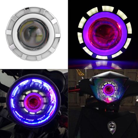 Nouvelle moto modifiée avec phare stroboscopique à LED à double lentille angel eye tricolore, rond (bleu et blanc). (1/5)