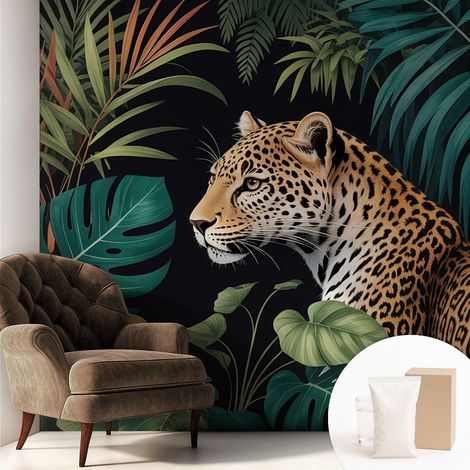 Papier peint intissé pour salon chambre à coucher peint imprimé Installation facile - Colle incluse gratuite Léopard exotique 250x250 cm (1/5)