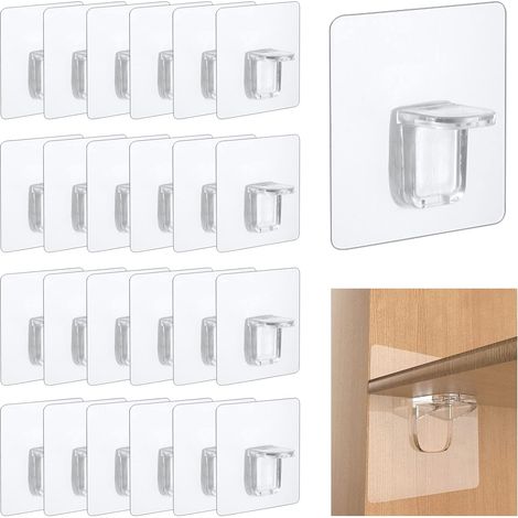 Lot de 24 Supports d'étagères Autocollants, 6 x 6 cm Chevilles de Support d'Étagère, Transparent D'étagère Supports Adhésifs, Supports Muraux Adhésifs Sans Perforation pour étagères Placard Penderie (1/5)