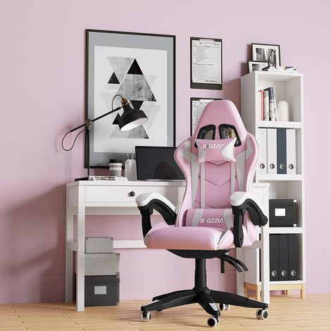 Gaming Chair Bigzzia Office Chair Desk Chair Swivel Heavy Duty Chair Ergonomic Design with Cushion and Reclining Back Support (Pink and White) (1/5)