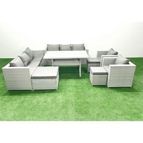 Fimous Rattan Garden Furniture Set Outdoor 8 Seater Patio Dinin g Sofa Sets with Dining Table 2 Chairs 3 Footstools Light Grey Mixed (1/5)