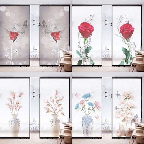 Fensterfolie, Buntglasfolie, Milchglas-Blumenmuster, selbstklebende Fensterfolie, Glasaufkleber (1/4)