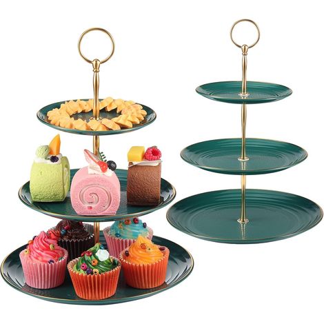 Lot de 2 Présentoirs à Gâteaux 3 Niveaux, Polypropylène Alimentaire, Bord Doré, Pour Mariage Et Fête (1/5)