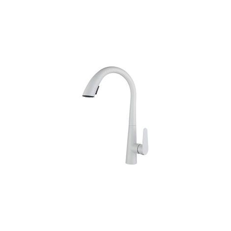 Robinet de cuisine blanc à bec orientable 360°, avec tête escamotable et 2 modes de pulvérisation, en acier inoxydable (1/4)
