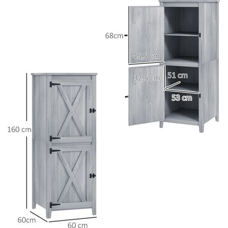 Abri de jardin en bois, résistant aux intempéries, 60 x 60 x 160 cm, avec double porte, étagères et serrure, idéal pour le jardin ou la terrasse, gris clair. (1/5)