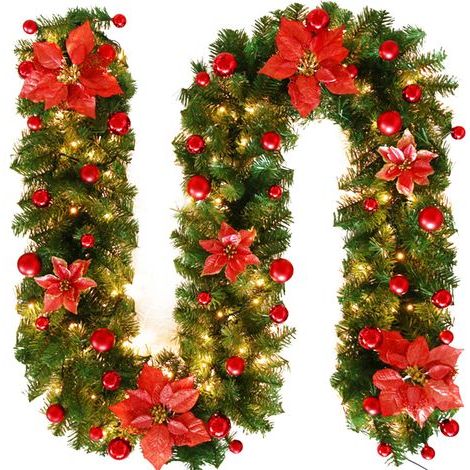 Guirlande de Noël, 2,7 mètres Guirlande de Noël avec Lumières, Couronne Artificielle avec Boules, Fleurs et Baies Rouges, Guirlande de Noël pour Escaliers Cheminées Portes, Intérieur ou Extérieur (1/4)