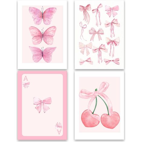 CCYKXA  Set mit 4 Leinwandpostern – Ästhetische Schlafzimmerdekoration – Rosa Poster mit Schleife, Schmetterling, Kirsche, Poker, kokett