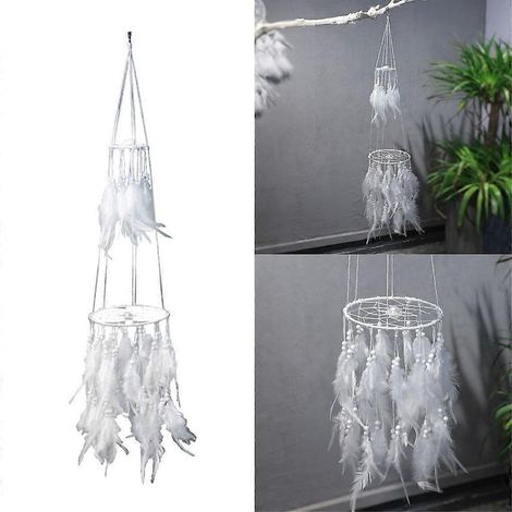 Attrape-rêves en plumes blanches, carillon tissé, décoration suspendue pour chambre de fille (1/4)