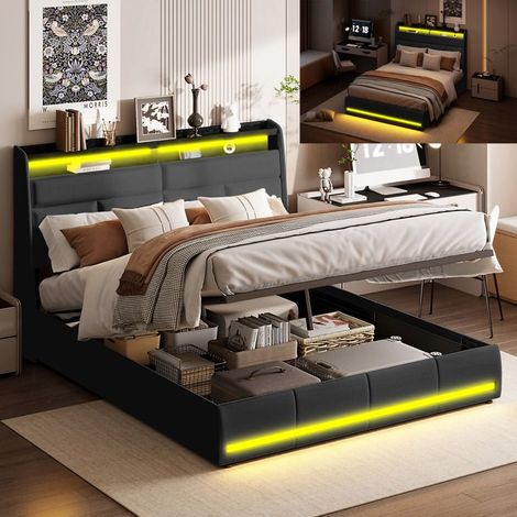 Bett 140x200 cm schwarz LED hydraulisch - Holz/PU/Metallrahmen mit Lattenrost und Kopfteil