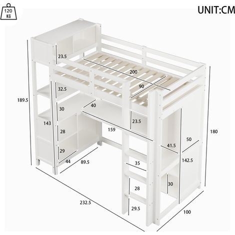 Lit Mezzanine 90x200 cm avec étagères, rangements multiples, bureau intégré, penderie, sans matelas, blanc (1/5)