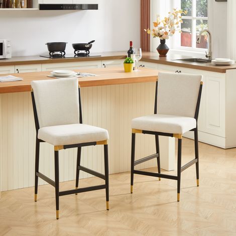 Lot de 2 tabourets de bar (hauteur comptoir) style scandinave, cadre métal noir/doré, assise tissu beige (1/5)