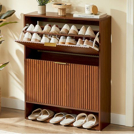 Schuhschrank mit Klapptüren und Kippsicherung, Nussbaum, 80x24x102 cm (1/5)