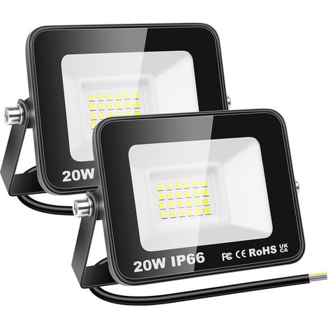 2x 20W Projecteur d'extérieur Led, 2000 LM Luminaire Exterieur, IP66 étanche Éclairage de Sécurité lampe pour Patio Garage Terrasse Jardin Chantier, 6000K Blanc Froid (1/5)