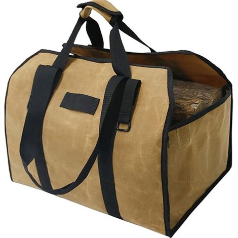 Sollbry Brennholz-Tragetasche, Canvas-Kaminholztasche, wasserfeste Holzscheit-Tragetasche, faltbares Kaminzubehör, ideal für Holzöfen, Camping, Strand, Khaki, 48 x 32 x 25 cm (1/5)