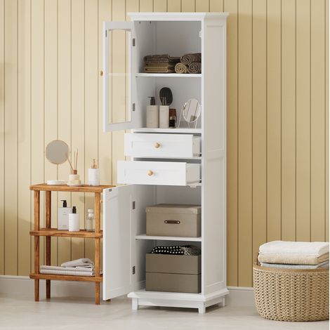 Badezimmerschrank 45,11 x 36,1 x 160 cm Weiß aus MDF mit Glastüren und 2 Schubladen (1/5)