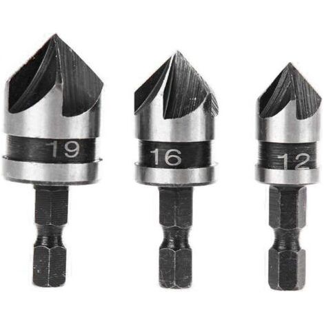 3pcs 90 Degrés 5 Flûte Fraises à Chanfreiner Set Pour Bois, Métal Changement Rapide 1/4" Hex Foret à Chanfreiner en Acier au Carbone Outil de Coupe de Chanfreinage de Bois 12/16/19mm