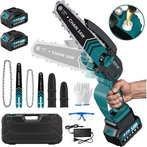 Mini-Akku-Kettensäge 6 Zoll mit bürstenlosem 1200-W-Motor – 45° verstellbarer Gerätekörper - 2 × 21-V-Akkus mit 4,0 Ah für den Garten (1/5)