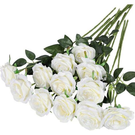 Fleurs Artificielles - - 12 Roses Blanches - Soie - 21 pouces - Aspect Réaliste (1/5)