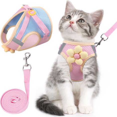 Ensemble harnais et laisse pour chat (rose, XS) — Réglable, facile à mettre motif floral (1/5)