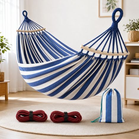 Hamac de Jardin 220 x 150 cm Toile Bleu Blanc - Hamac Double avec Barre Bois Amovible et Sangles 4 m (1/5)
