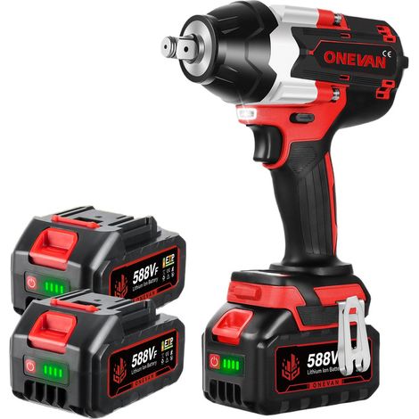 ONEVAN Llave de Impacto Inalámbrica 1000Nm , 3 velocidades,1/2" Pistola de Impacto Electrica con dos baterías de 3,0 Ah - rojo