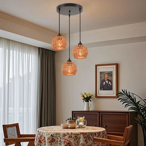 Corde Cage Lustre Rétro Vintage Tissé avec Corde en Papier 3 Lumières Suspension Rustique Lampe E27 pour Chambre Salon Couloir Marron (1/5)