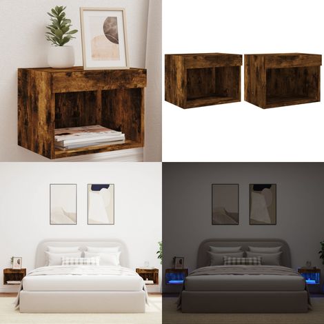Tables de chevet murales avec lumières LED 2 pcs chêne fumé - Table De Chevet Murale - Luminaire Led - Éclairage RGB - Meubles Tv - Rangement Nuit - Home & Living (1/5)
