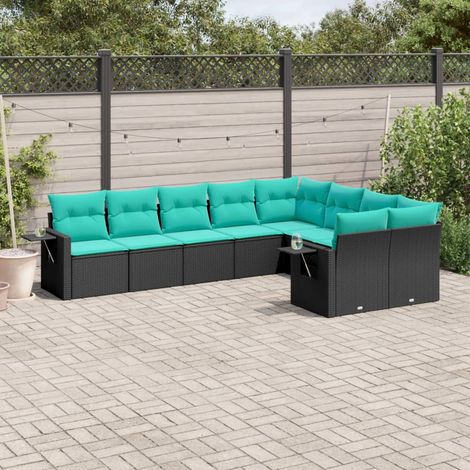 9-teiliges Gartensofa-Set mit Kissen, schwarzes Polyrattan (1/5)