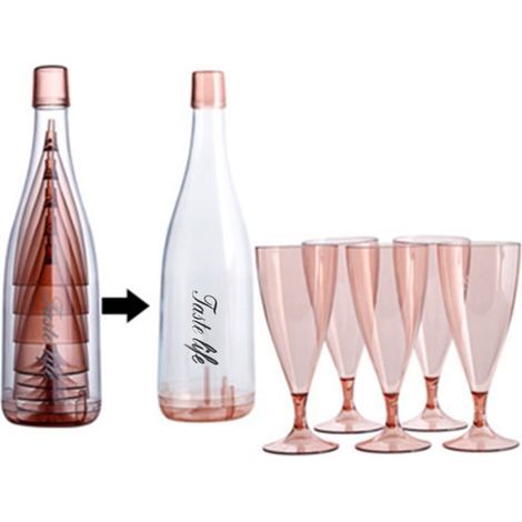 Champagne Glass - Plastic Stemware Set 6 Piece - 160 ml Capacity - Blue - For Cold Drinks Juice Cocktail - 5 Cups + 1 Bottle Container (1/3)