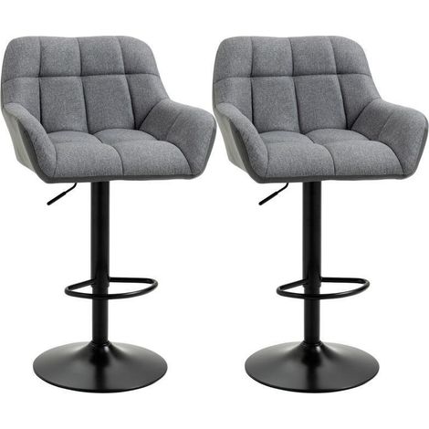 Pack de 2 taburetes de bar retro regulables en altura. Piel sintética efecto lino bicolor gris y negro (1/5)